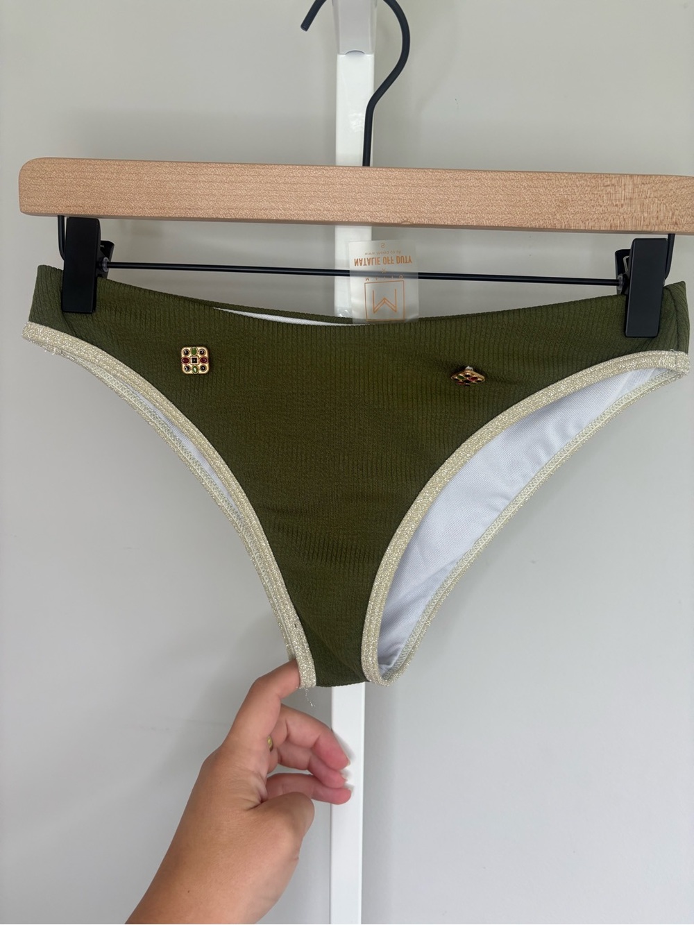 Maiyo x Natalie Off Duty Bikini Bottoms Women’s Small Olive Green Gold Trim Swim